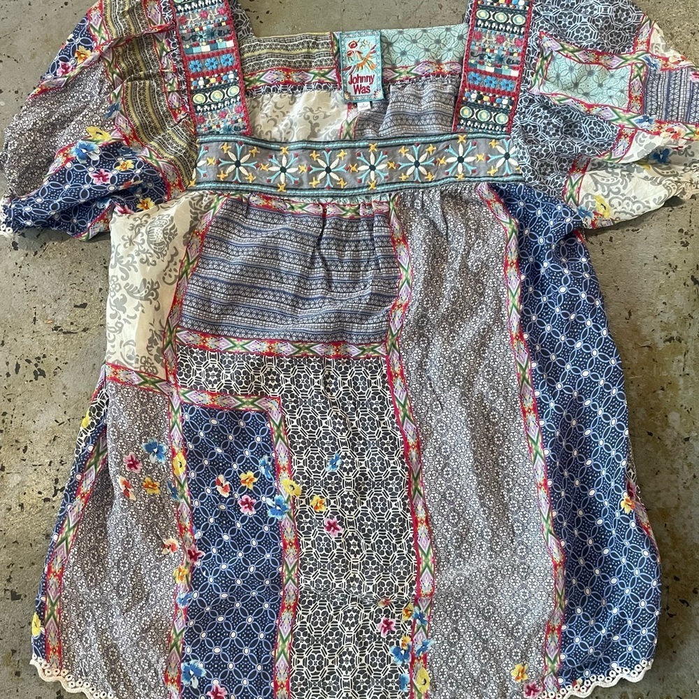 Johnny Was Kichica Padme Short Sleeve Patchwork Peasant Blouse Size Large